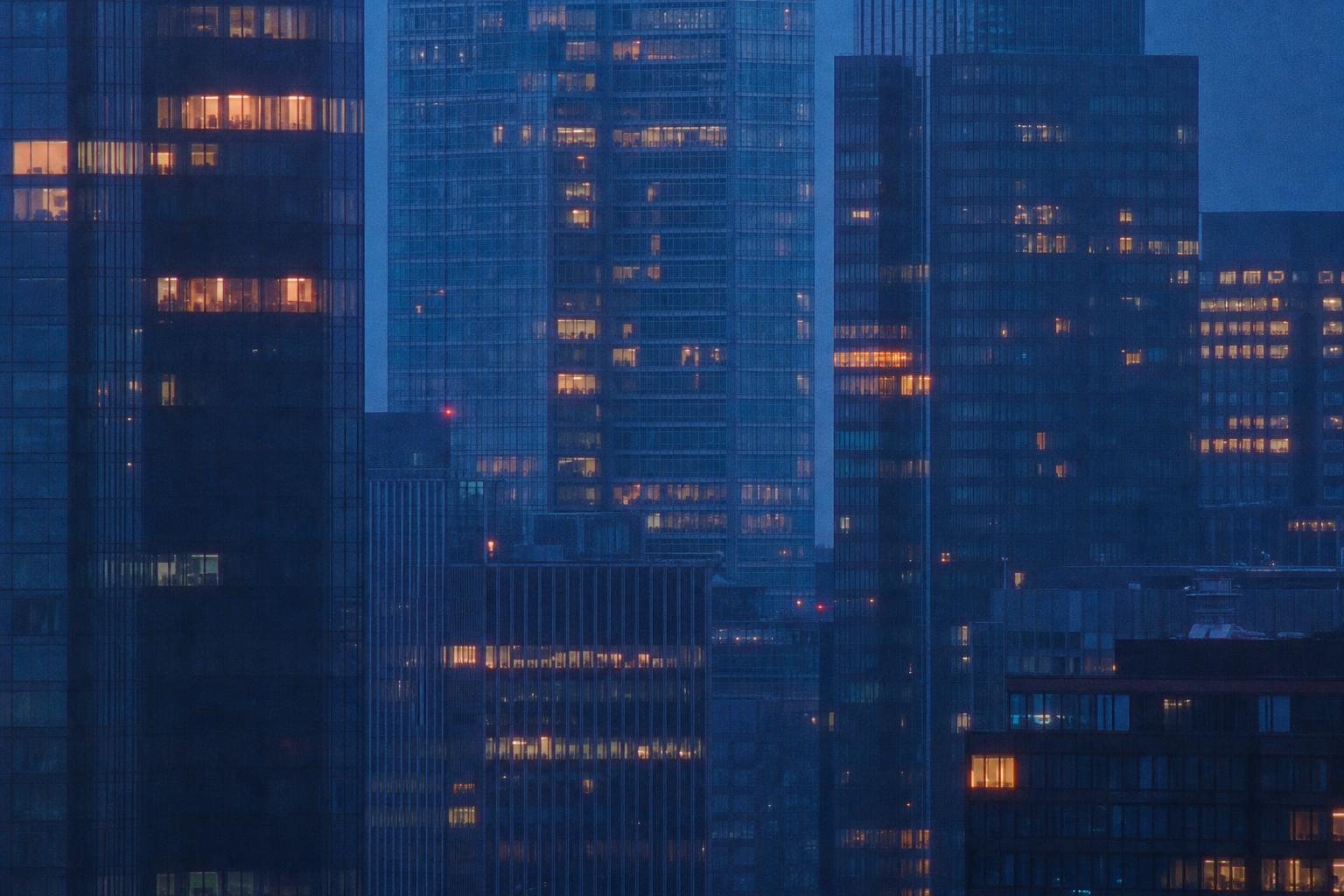 Torres de um distrito financeiro na hora azul, vistas em teleobjetiva