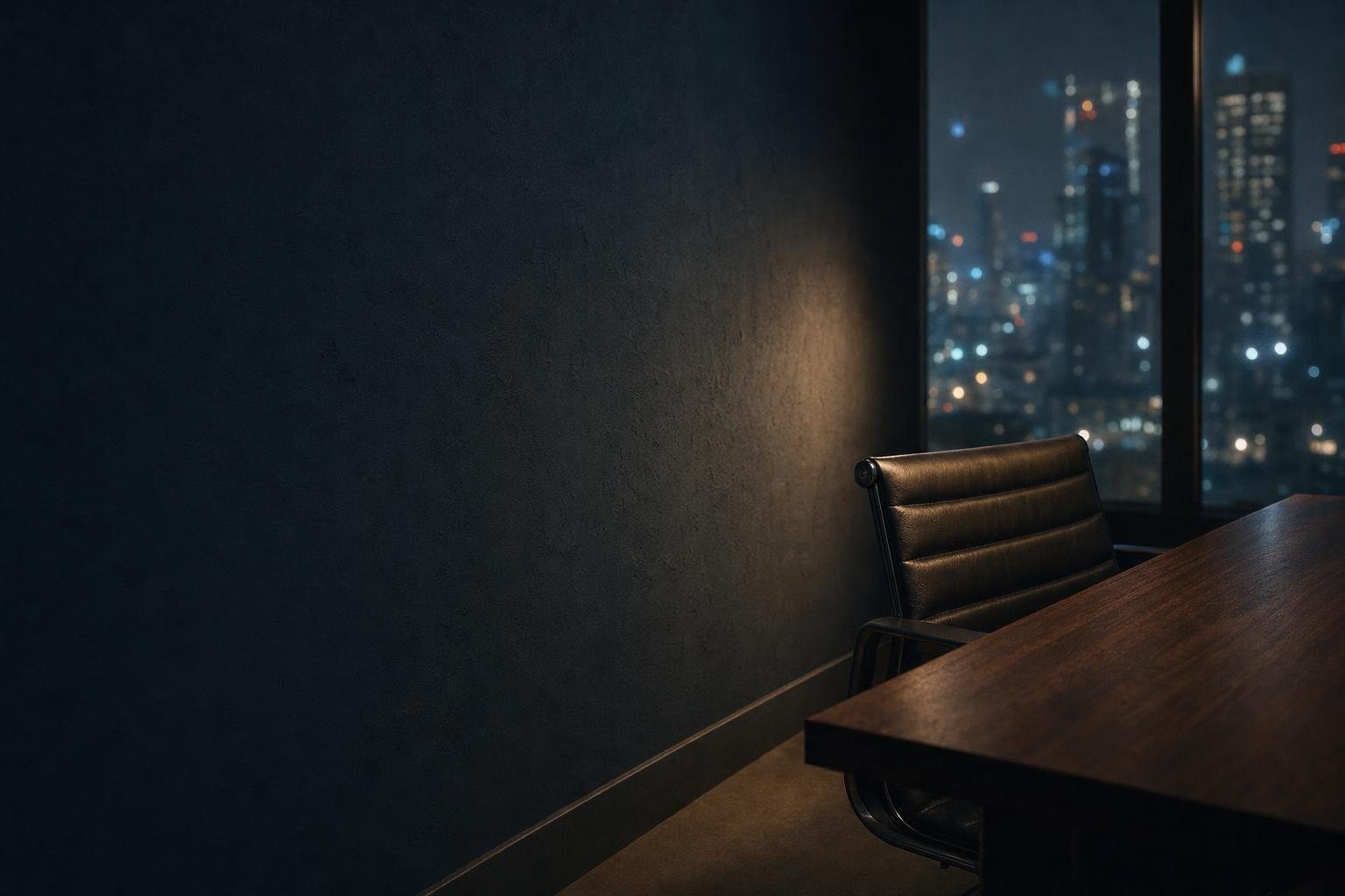 Sala de reunião de um escritório em andar alto ao anoitecer, parede escura e cidade ao fundo
